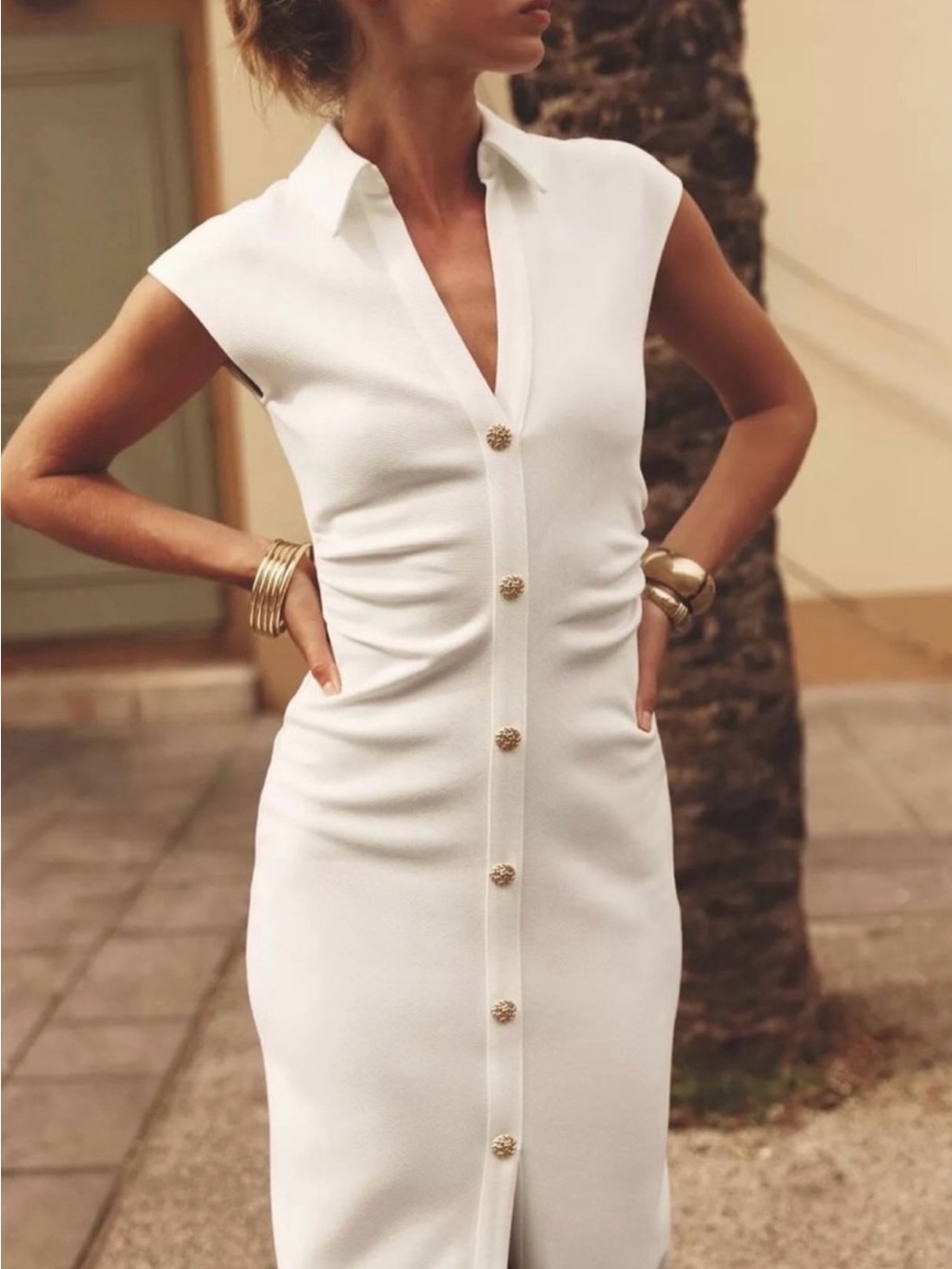 Zara White Midi Dress with Gold Buttons